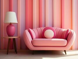 Modern living room with pink chair against a colorful wall AI Generative photo