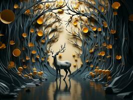 Modern living room with 3D dark gold deer forest on the wall AI Generative photo