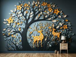 Modern living room with 3D dark gold deer forest on the wall AI Generative photo