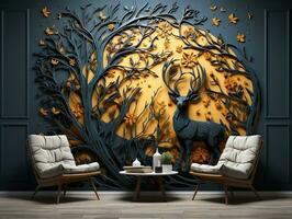 Modern living room with 3D dark gold deer forest on the wall AI Generative photo