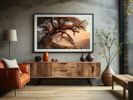 Interior design of the modern living room with a wooden rustic cabinet and a poster frame AI Generative photo