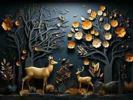 Modern living room with 3D dark gold deer forest on the wall AI Generative photo