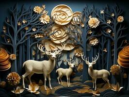 Modern living room with 3D dark gold deer forest on the wall AI Generative photo