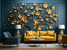 Modern living room with 3D dark gold deer forest on the wall AI Generative photo