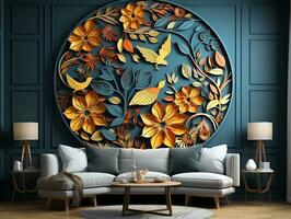 Modern living room with 3D dark gold deer forest on the wall AI Generative photo