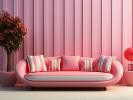 moderno vivo habitación con rosado sofá en contra un vistoso pared ai generativo foto