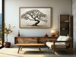 Interior design of the modern living room with a wooden rustic cabinet and a poster frame AI Generative photo
