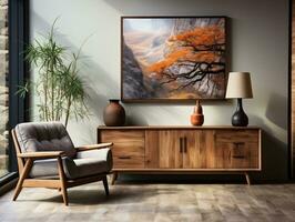 Interior design of the modern living room with a wooden rustic cabinet and a poster frame AI Generative photo