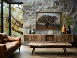 Interior design of the modern living room with a wooden rustic cabinet and a poster frame AI Generative photo
