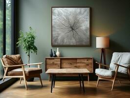 Interior design of the modern living room with a wooden rustic cabinet and a poster frame AI Generative photo