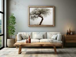 Interior design of the modern living room with a wooden rustic cabinet and a poster frame AI Generative photo