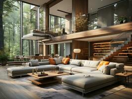 3d modern urban wooden interior living room AI Generative photo