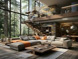 3d modern urban wooden interior living room AI Generative photo