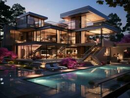 Modern luxury exterior house with pool AI Generative photo