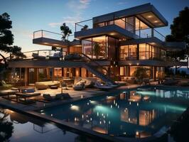 Modern luxury exterior house with pool AI Generative photo