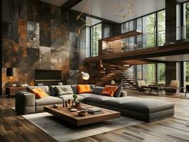 3d modern urban wooden interior living room AI Generative photo