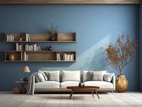 An open living room with blue wall and white sofa and woden table AI Generative photo
