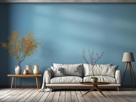 An open living room with blue wall and white sofa and woden table AI Generative photo