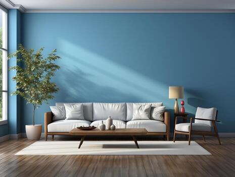 An open living room with blue wall and white sofa and woden table AI Generative photo