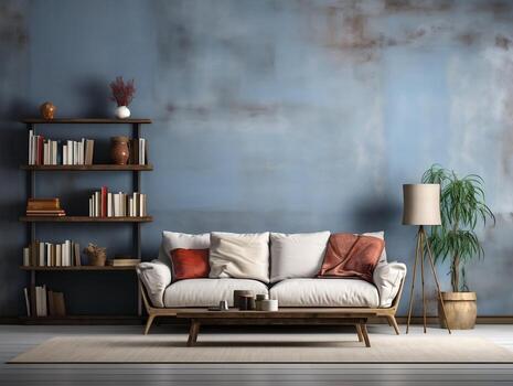 An open living room with blue wall and white sofa and woden table AI Generative photo