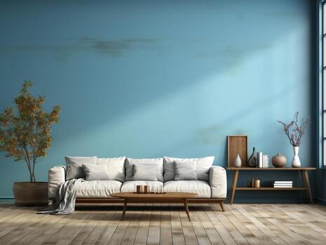 An open living room with blue wall and white sofa and woden table AI Generative photo