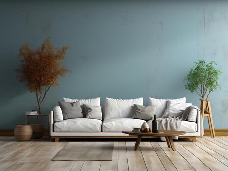 An open living room with blue wall and white sofa and woden table AI Generative photo