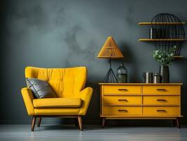 gris acentos de madera moderno vivo habitación con amarillo mueble ai generativo foto