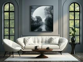 Modern living room with white wall and white sofa AI Generative photo
