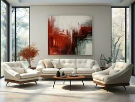 Modern living room with white wall and white sofa AI Generative photo