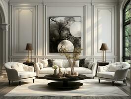Modern living room with white wall and white sofa AI Generative photo