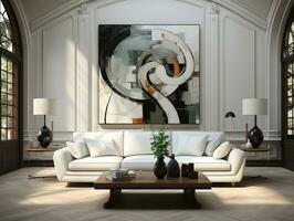Modern living room with white wall and white sofa AI Generative photo