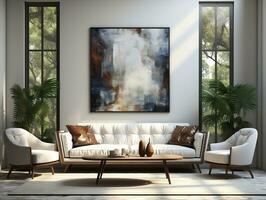 Modern living room with white wall and white sofa AI Generative photo