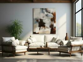 Modern living room with white wall and white sofa AI Generative photo
