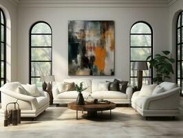 Modern living room with white wall and white sofa AI Generative photo