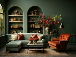 A green room with many different elements AI Generative photo