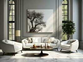 Modern living room with white wall and white sofa AI Generative photo