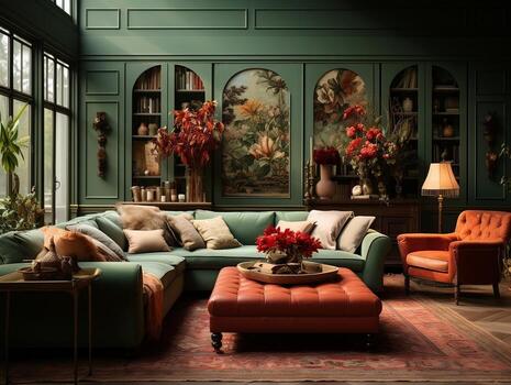 A green room with many different elements AI Generative photo