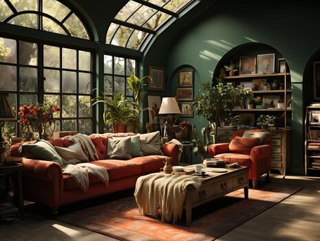 A green room with many different elements AI Generative photo