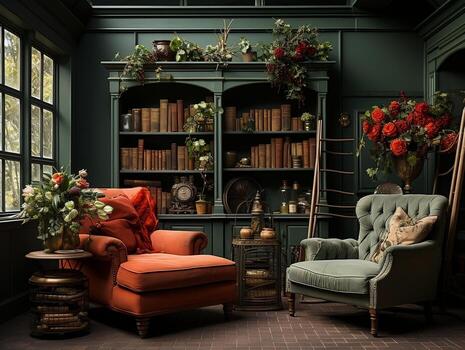 A green room with many different elements AI Generative photo