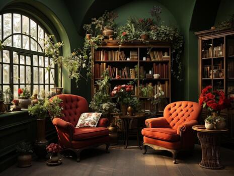 A green room with many different elements AI Generative photo