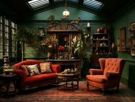 A green room with many different elements AI Generative photo