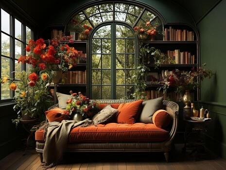 A green room with many different elements AI Generative photo