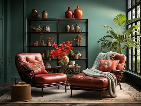 A green room with many different elements AI Generative photo