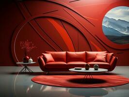 Modern living room with red wall and red furniture AI Generative photo