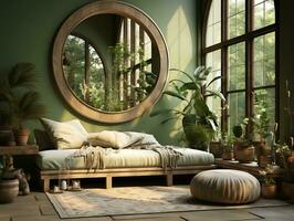 Modern light green living room with green plants and a big mirror AI Generative photo