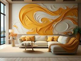 Modern living room with curve couch and yellow and white textured wall AI Generative photo