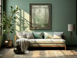 Modern light green living room with green plants and a big mirror AI Generative photo