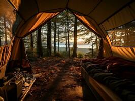 ver mediante un tienda en el bosque ai generativo foto