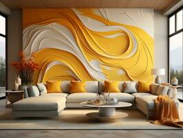 Modern living room with curve couch and yellow and white textured wall AI Generative photo