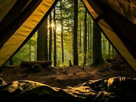 ver mediante un tienda en el bosque ai generativo foto